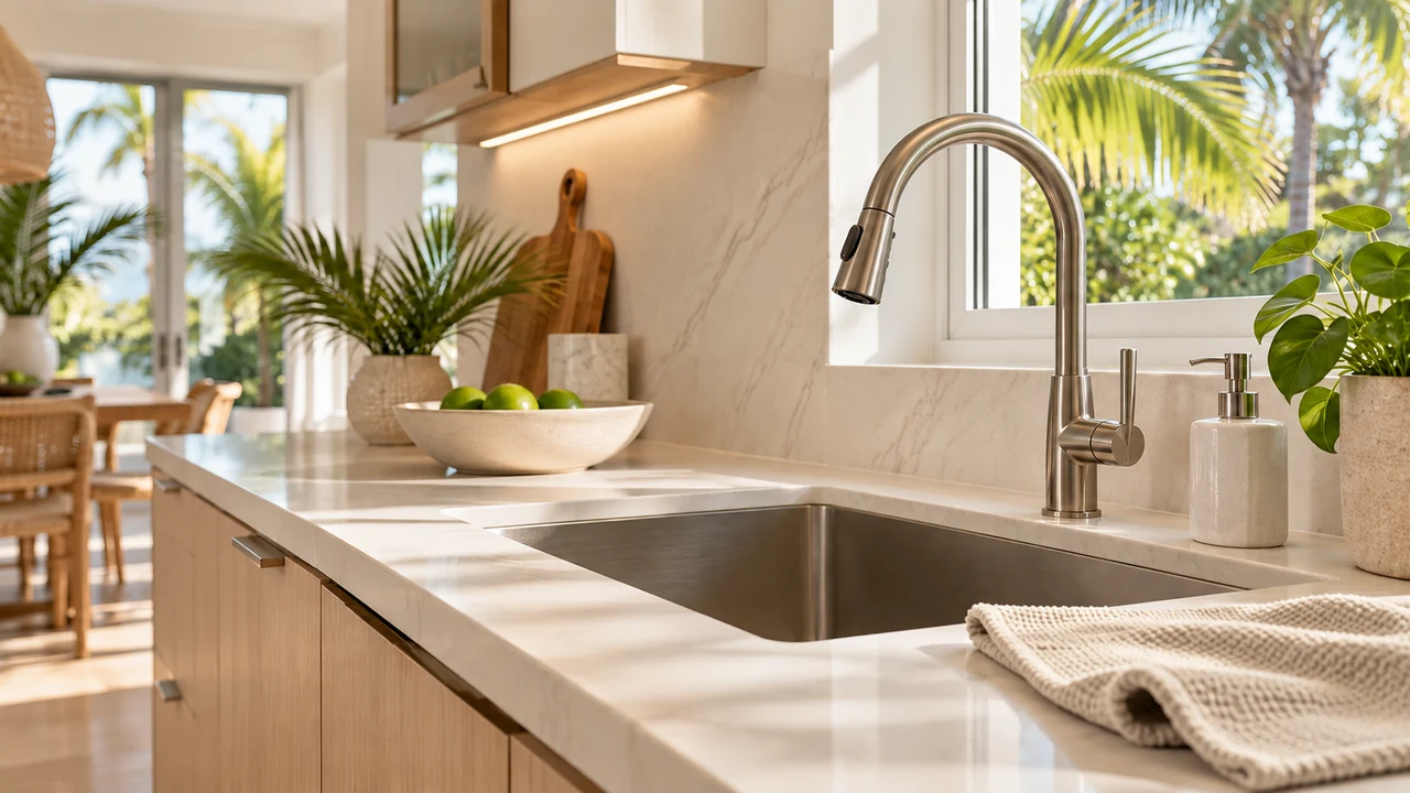 A clean kitchen sink and countertop with a folded warm neutral cloth