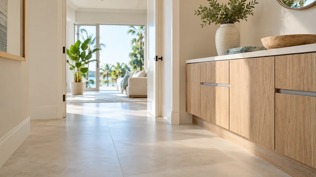 Clean tile flooring and finished cabinetry after a Miami renovation