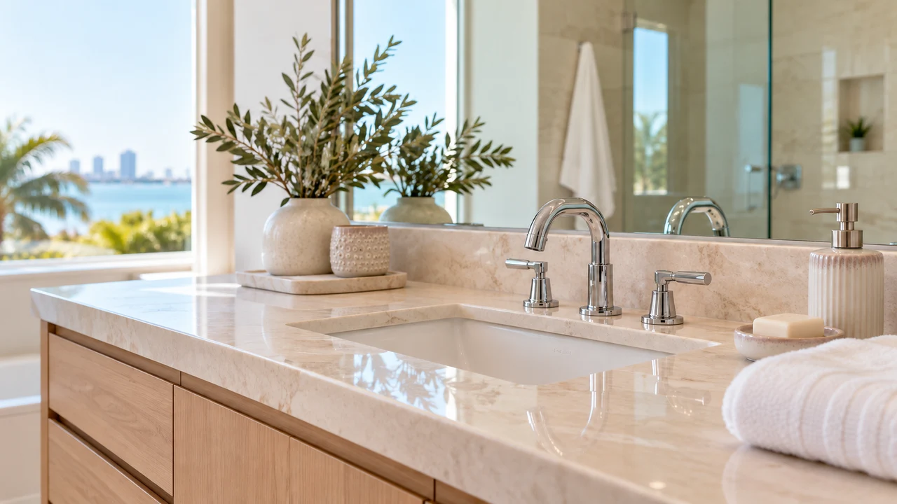 Clean stone bathroom vanity and polished fixtures in a Miami home