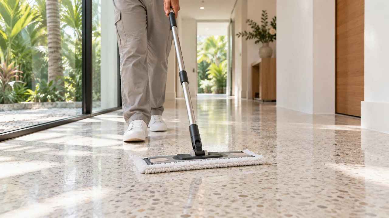 Cleaner using a flat mop on a bright terrazzo hallway floor