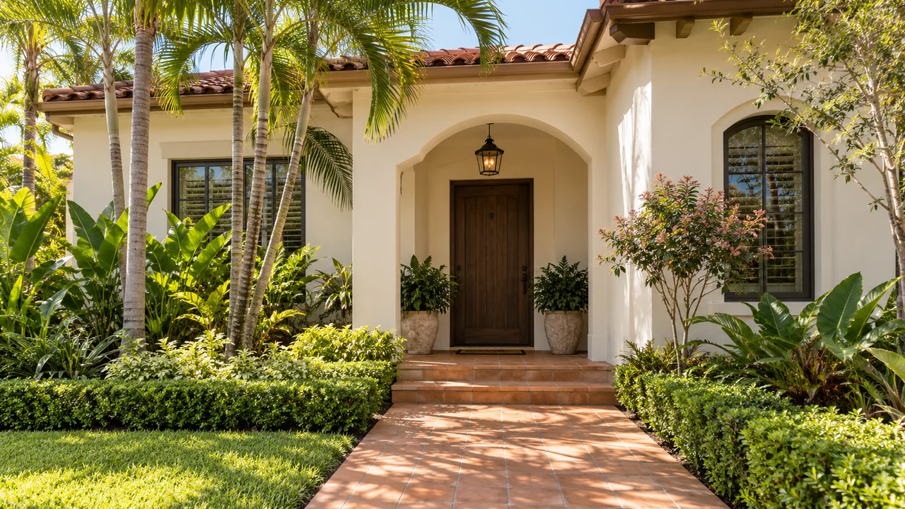 Miami home entrance with a terracotta walkway and tropical plants