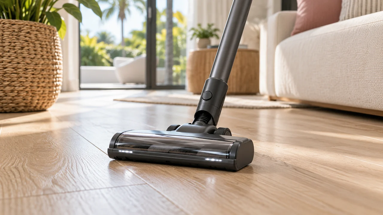 Cordless vacuum head cleaning a pale wood floor in a Miami home