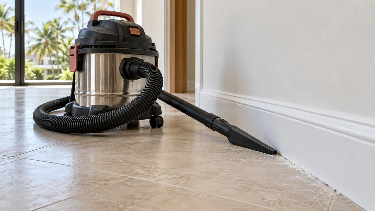 Professional vacuum and crevice nozzle beside a newly finished baseboard