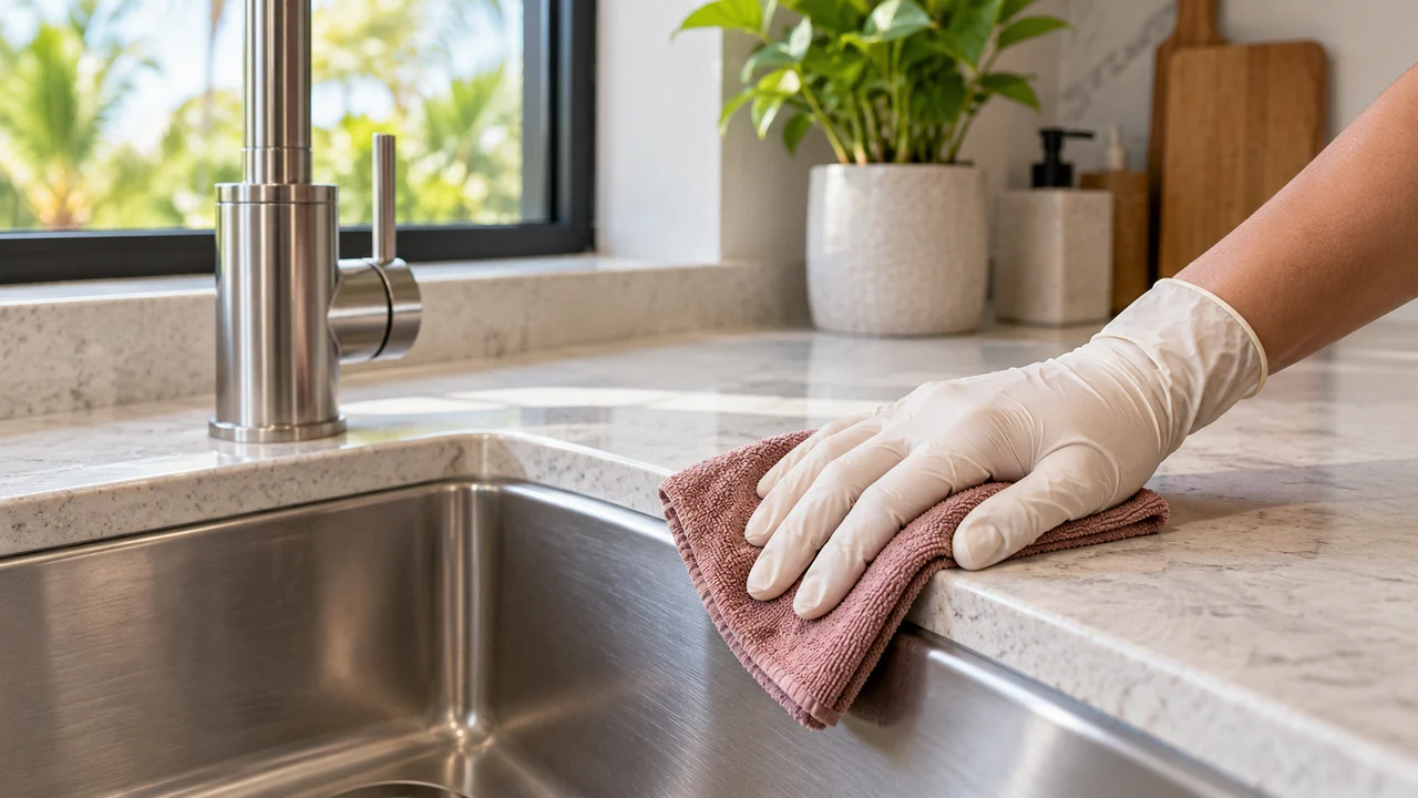 Gloved hand carefully wiping a kitchen sink and stone countertop