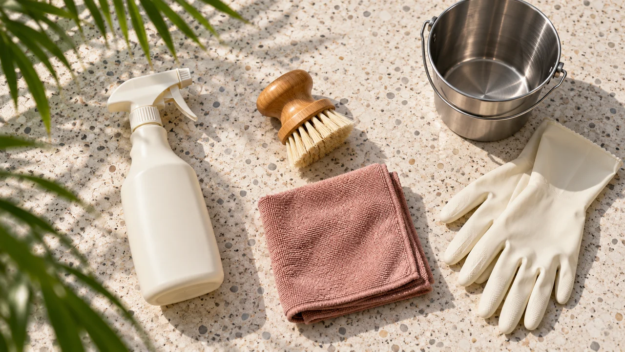 Professional cleaning tools, microfiber cloth and gloves arranged on terrazzo