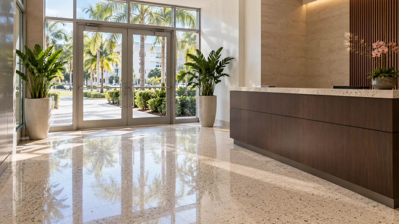 Clean Miami business lobby with a reception desk and polished flooring