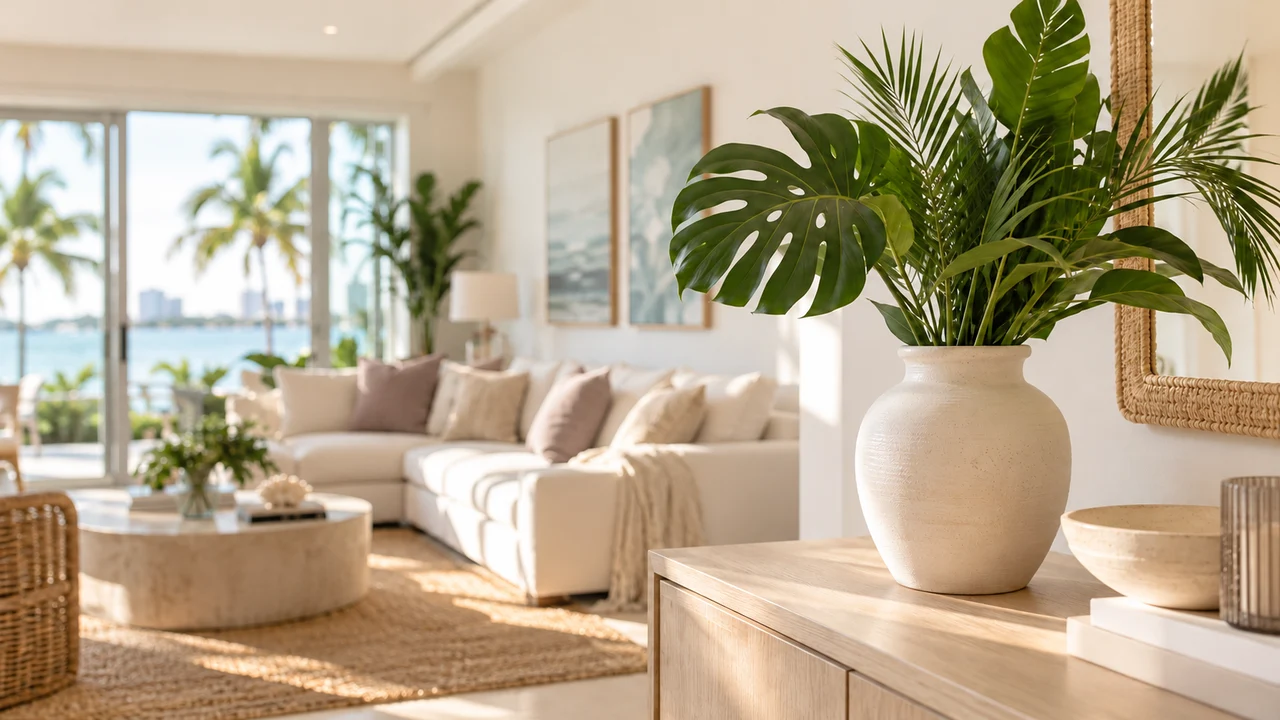 Fresh tropical greenery on a clean Miami home sideboard