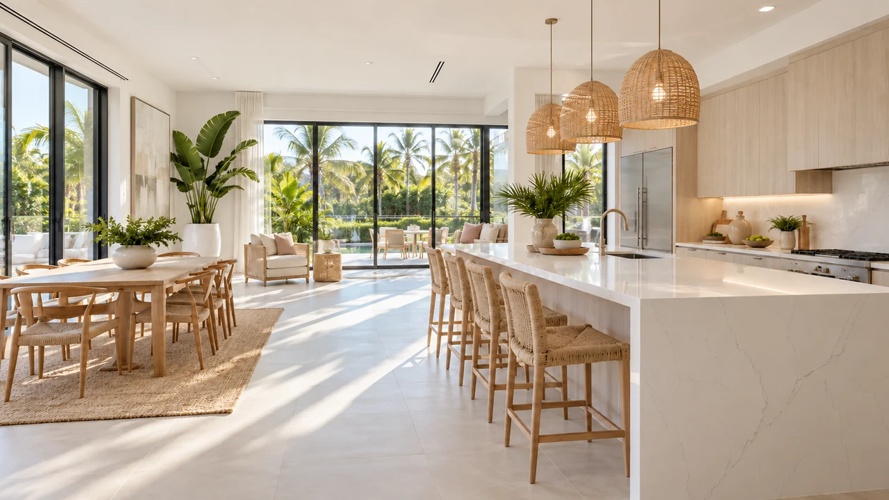 A bright immaculate open-plan Miami kitchen and dining area